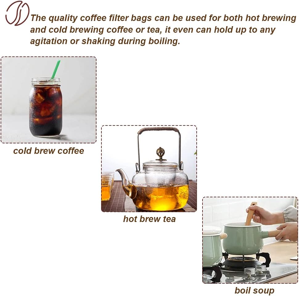 50pcs No Mess Cold Brew Bags, 6x10 inch Disposable Coffee Filter Bag Fine Mesh Brewing Drawstring Pouches for Iced Coffee Hot Tea Herb Spice