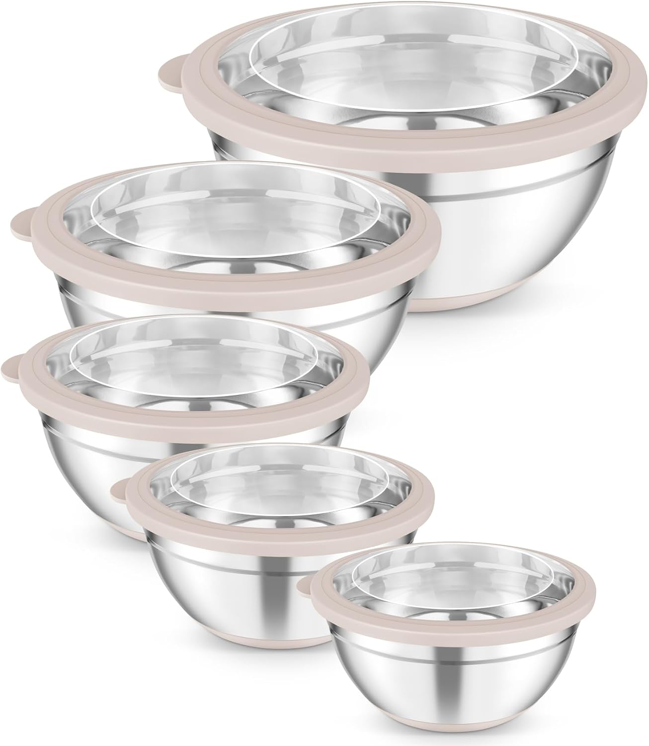 TeamFar Mixing Bowls, 5PCS Stainless Steel Serving Salad Bowls with Lids, For Kitchen Mixing/Baking/Storing/Prepping, Visible & Airtight, Non-Slip Bottom - 4.6/3.5/1.5/1 / 0.7 QT, Khaki