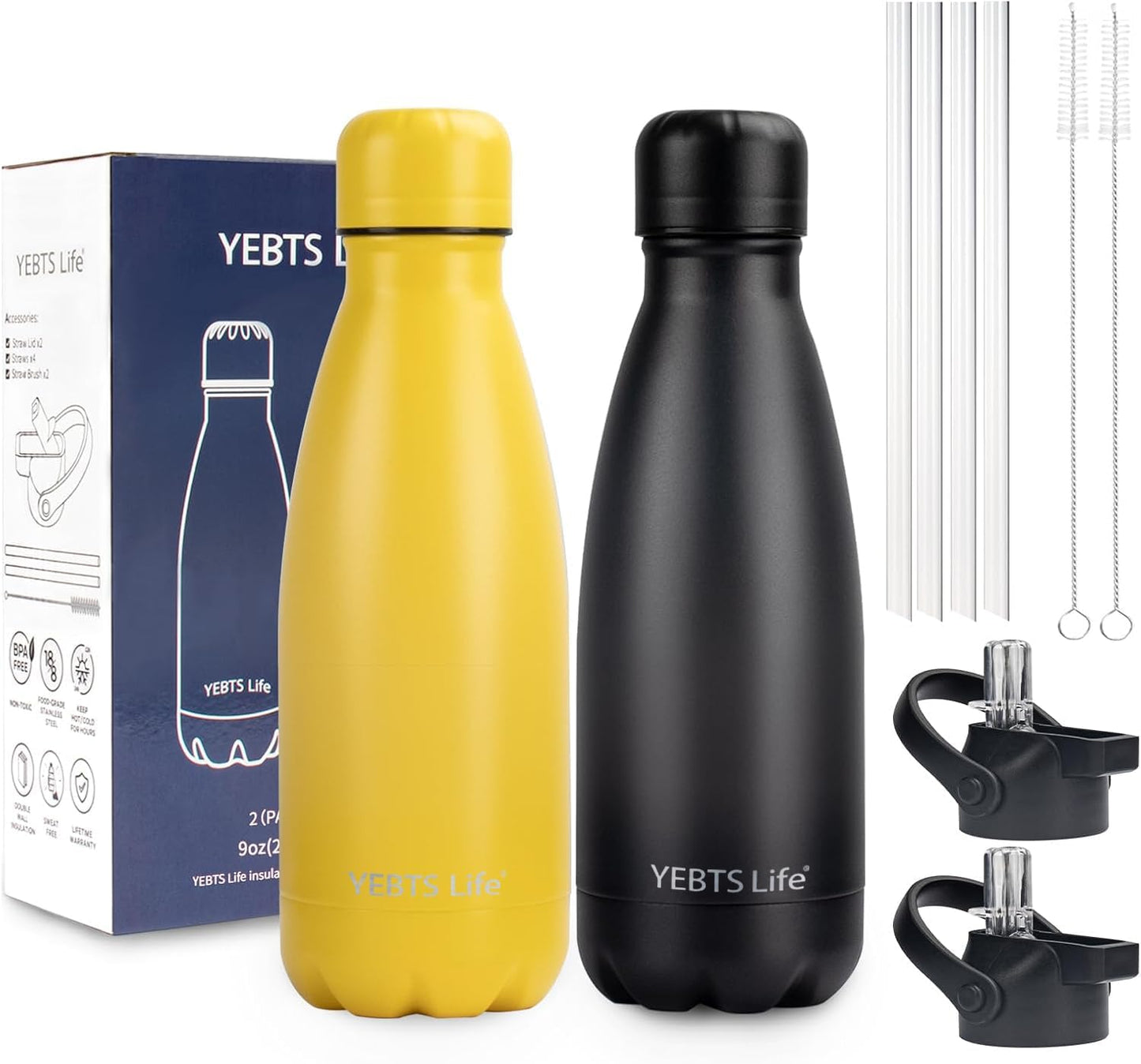 Insulated Water Bottle, 2 Pack-9oz Stainless Steel Water Bottles with straw lid, Metal Sports Water Bottles for Boys,Girls,Double Wall Vacuum BPA-Free Flask for School, Sports (Black-Yellow)