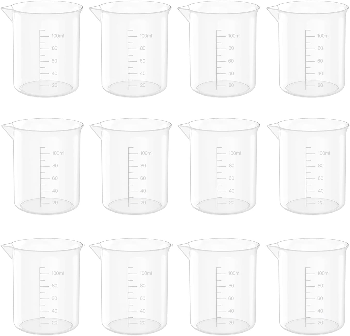 12 Pcs 3.4 Oz Transparent Lab Measuring Cup, 100ml Plastic Beaker Cups, for Science Experiment, Liquid Measuring