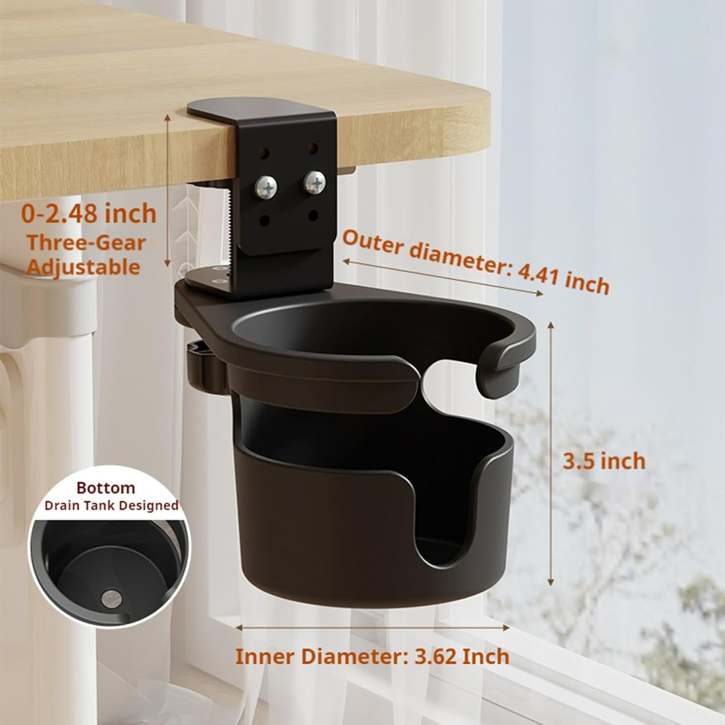 Deeper Desk Cup Holder, 360° Rotating Anti-Spill Cup Holder for Table, Adjustable Clamp on Cup Holder for Gaming Desk, Gift for Gamer and Office, Desk Storage, Drink Holder for Coffee Cup, Arm Chair