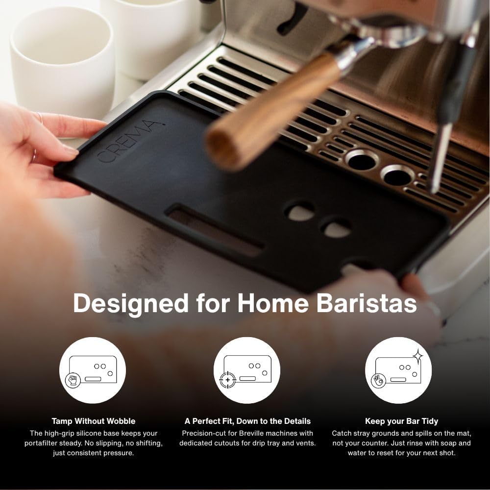 Crema Coffee Products Tamping Mat for Barista Pro | Non-Slip Silicone Protection for Countertops & Portafilters | Precision Fit with Drip Tray & Vent Holes | Easy to Clean,Durable Espresso Tamping Pad
