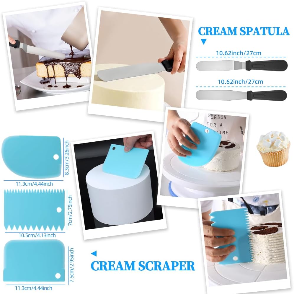 Complete 179PCS Springform Round Cake Pans Set for Baking and Cake Decorating, including 16 Piping tips,65Baking Cups,30Parchment paper liners,spatulas,4''+7'' +9''Cake Pans