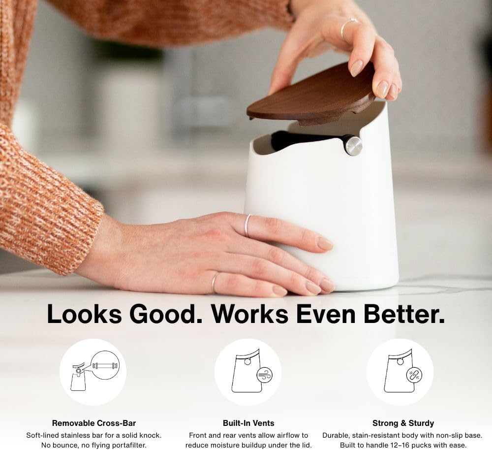 CREMA Coffee Products Arc Knock Box | Holds 12–16 Espresso Pucks| Durable,Stain-ResistantBuild withNon-Slip Base|Elegant WalnutPlastic Lid Design| EasyClean-Up &Moisture Control|White Finish