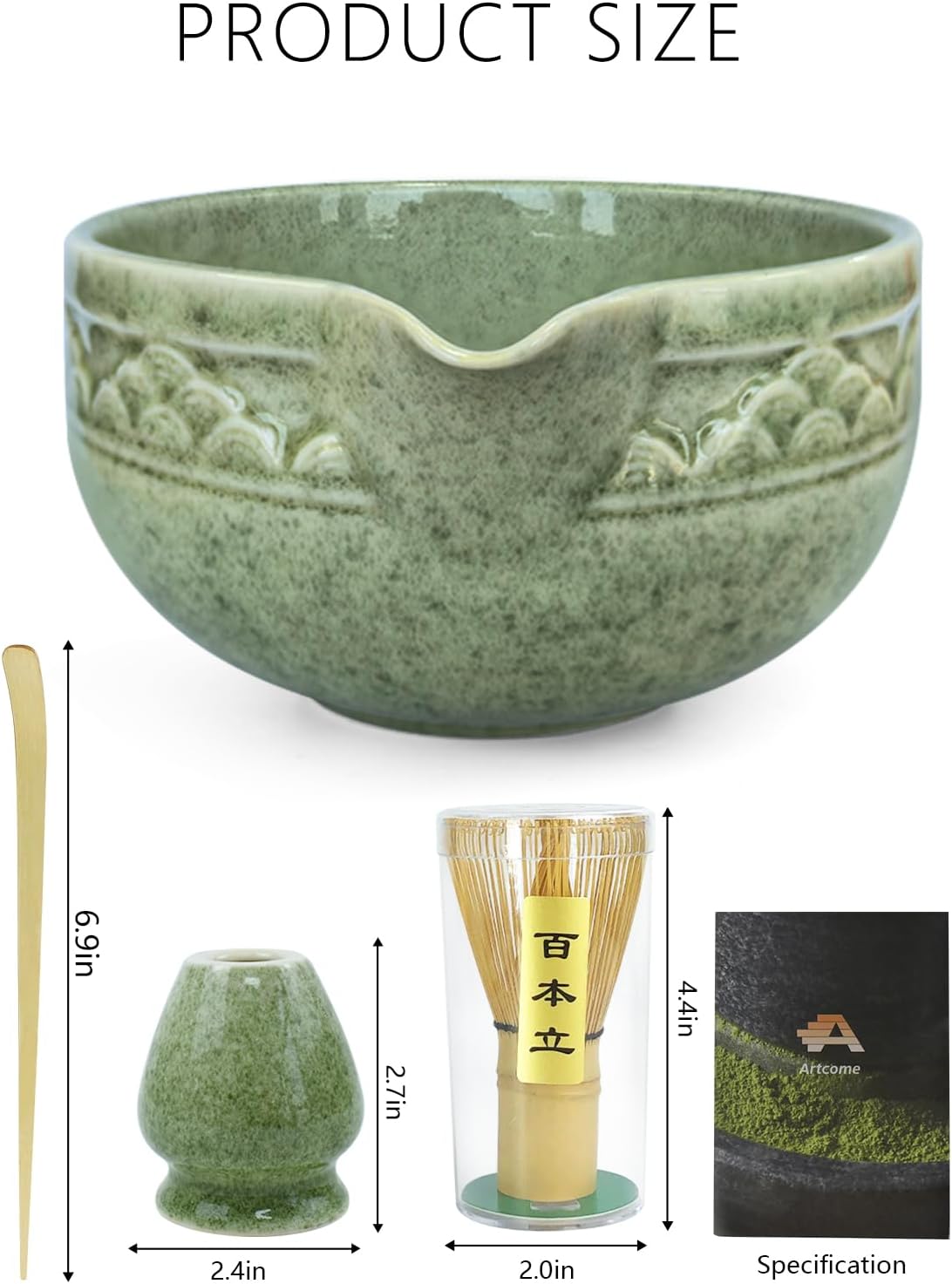 Artcome Matcha Tea Set with Pouring Spout - Green Ceramic Matcha Bowl, Bamboo Whisk, Whisk Holder, Tea Scoop & Matcha Tea Manual for Traditional Japanese Tea Ceremony - Ideal for Gift - Deep Green