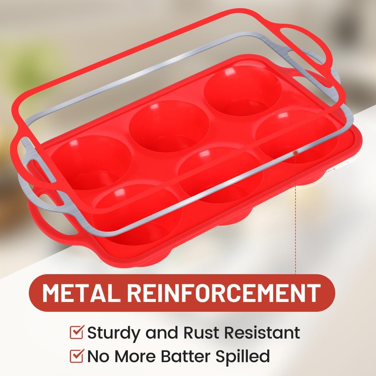 Jumbo Muffin Pan, 3.5 Inch Large Muffin Pan with Metal Reinforced Frame 6 Cup Silicone Jumbo Cupcake Pans for Baking Easy to Handle 2 Pack Red