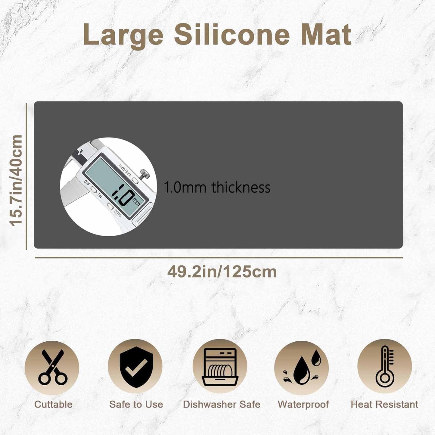 49.2"x15.7"(125cmx40cm) Large Silicone Mats for Kitchen Counter, Non-Slip Placemats, Heat Resistant Countertop Protector, Waterproof Craft Mat, Light Gray