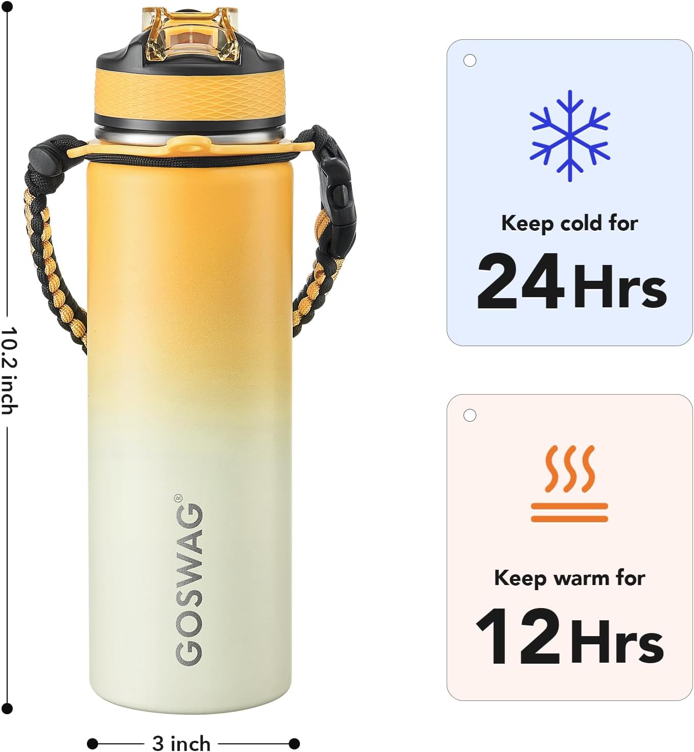 GOSWAG Insulated Sports Water Bottle, 24oz 2 Lids(with Straw/No Straw), Stainless Steel Water Bottles with Paracord Handle, Insulated Bottle with Double-Wall Vacuum Insulation