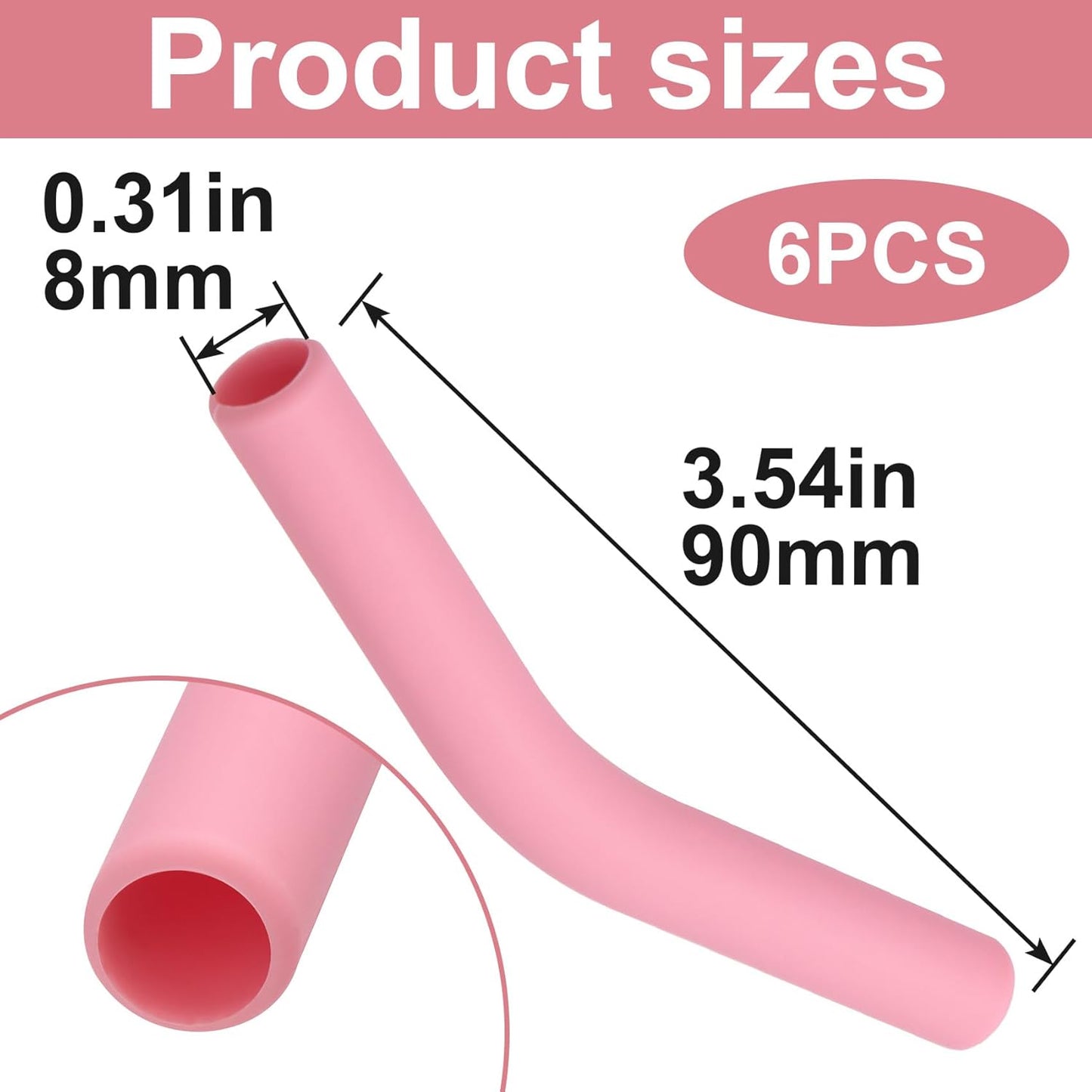6pcs Food-Grade Silicone Straw Tips, Reusable Metal Straw Elbows Tips, Temperature Resistant Rubber Straw Covers Replacement Tip for 5/16" Stainless Steel Straws - Pink