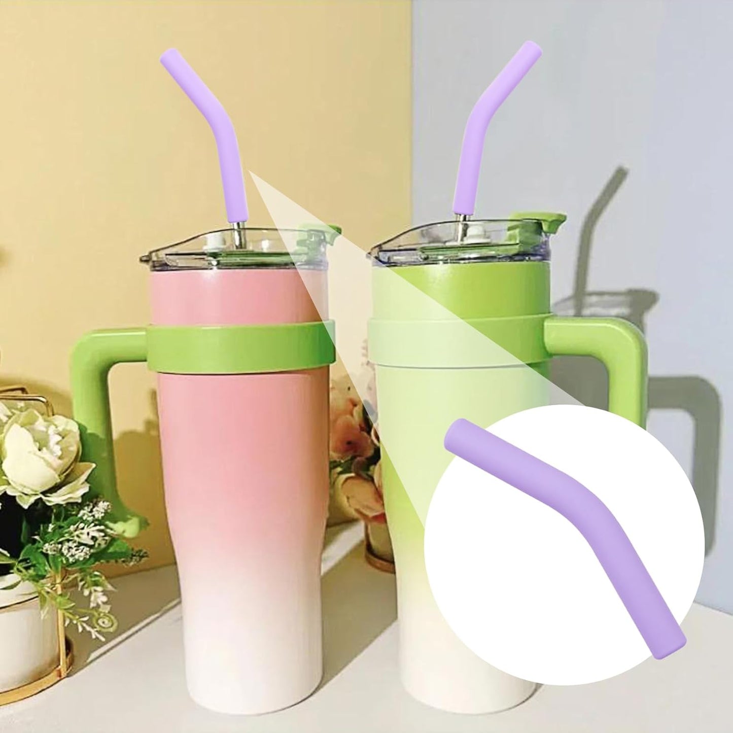 6pcs Food-Grade Silicone Metal Straw Tips, Reusable Flex Elbow Straws Cover Replacement Tips, Soft Straw Toppers Kits for 8 mm Stainless Steel Metal Straws - Light Purple