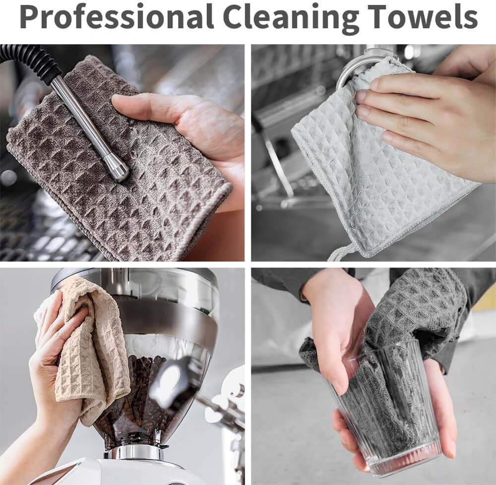 Barista Towel 4 Pack, Waffle Microfiber Barista Cloths, Essential Cleaning Towels for Espresso Machines, Steam Wands, and Countertops, Coffee Bar Accessories, 12”x12”