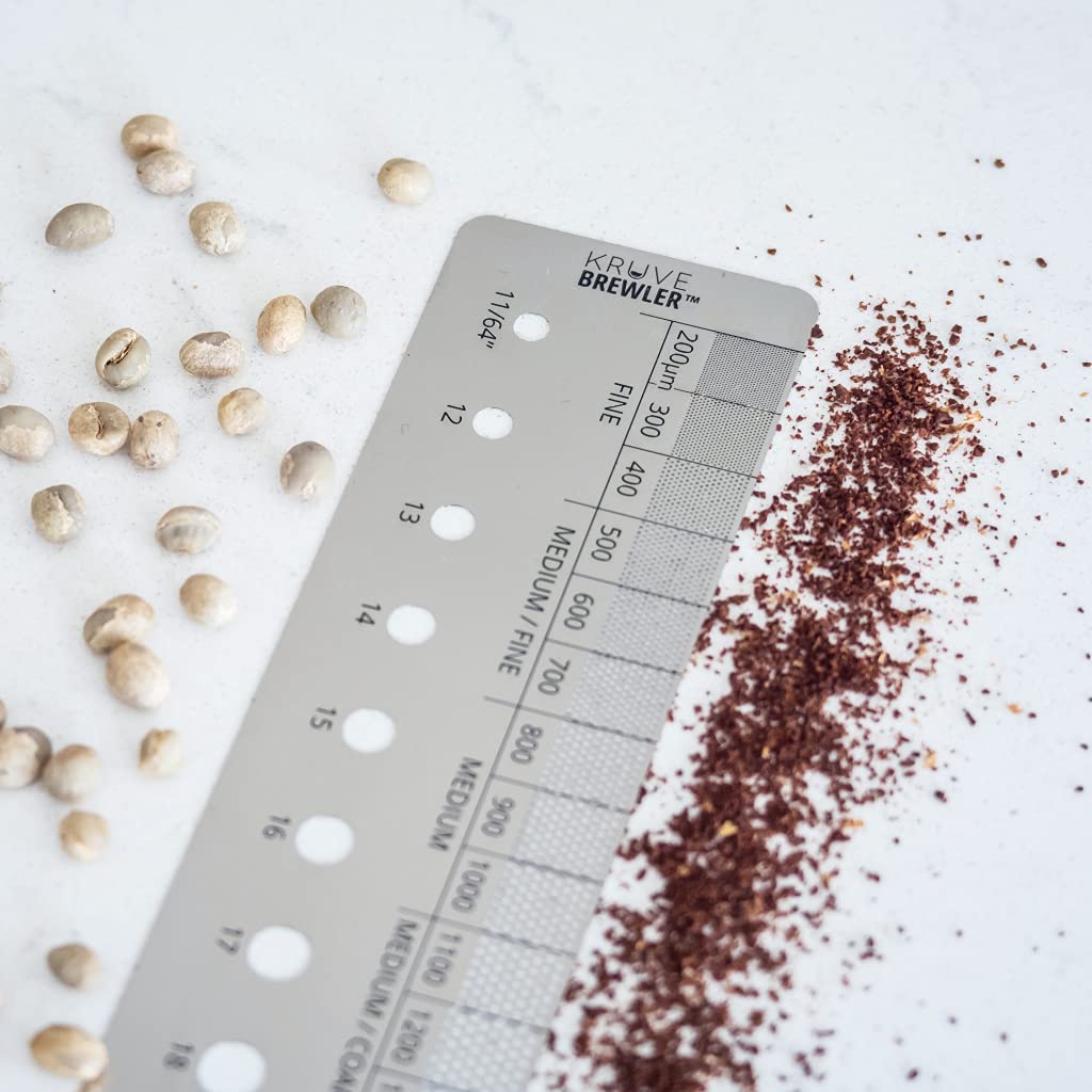 KRUVE Brewler Coffee Grind Ruler - Stainless Steel Coffee Bar Accessories for Home, Coffee Grind Size 200-1600 Microns, Green Bean Grading 11/64-20/64, 5.9 Inch Ruler, Conversion Chart, Magnetic Guide