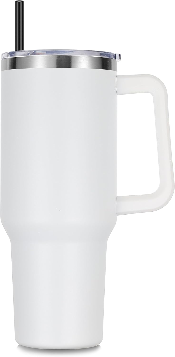 DOMICARE 40 oz Tumbler with Handle and Straw, Stainless Steel Tumbler with Lid and Straw, Reusable Vacuum Insulated Cup, Travel Coffee Mug, White, 1Pack