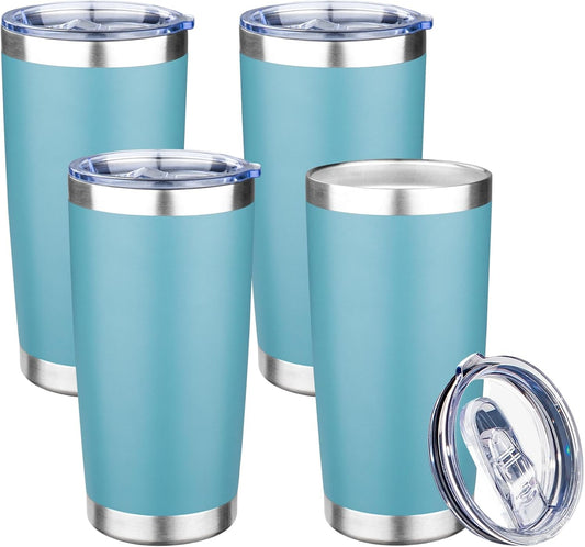 20oz Tumbler with Lid Double Wall Vacuum Insulated Travel Coffee Mug Stainless Steel Thermal Cup Powder Coated Sturdy Coffee Tumbler Bulk for Hot and Cold Beverage (Glacier blue,4)