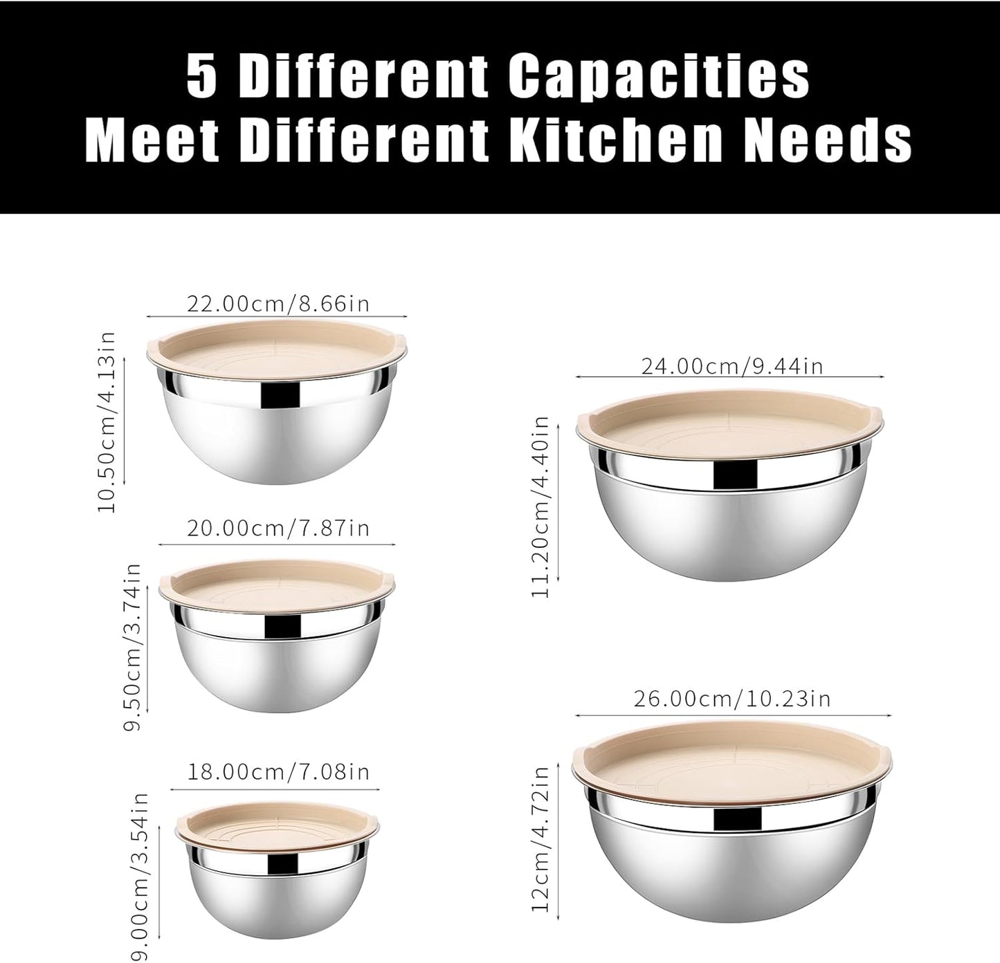 Lazycorner Mixing Bowls with Airtight Lids Set 5 Pcs Stainless Steel Bowls Set Baking Set Non-Slip Silicone Bottoms Great for Serving & Baking