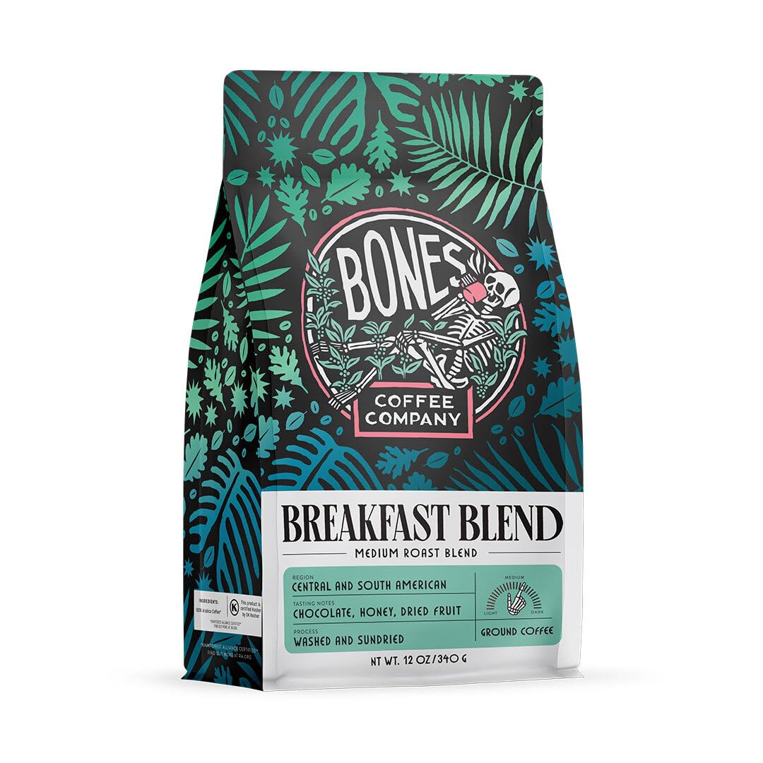Bones Coffee Company Breakfast Blend, Chocolate, Honey and Dried Fruit Notes, Unflavored Coffee, Medium Roast Low Acid Arabica Beans Compatible with Auto drip and French Press Coffee Maker, 12 Oz Ground
