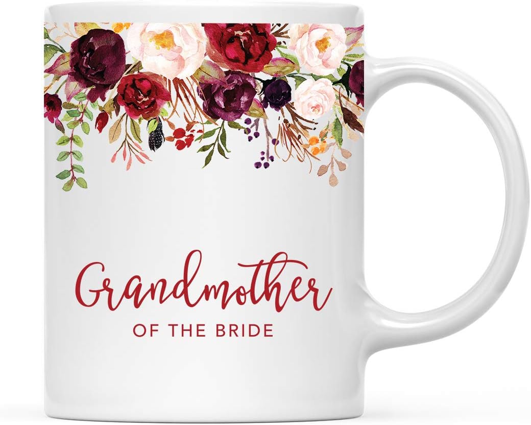 Andaz Press 11oz. Wedding Ceramic Coffee Tea Mug Gift, Fall Autumn Marsala Burgundy Flowers Roses Florals, Grandmother of the Bride, 1-Pack, Includes Gift Box
