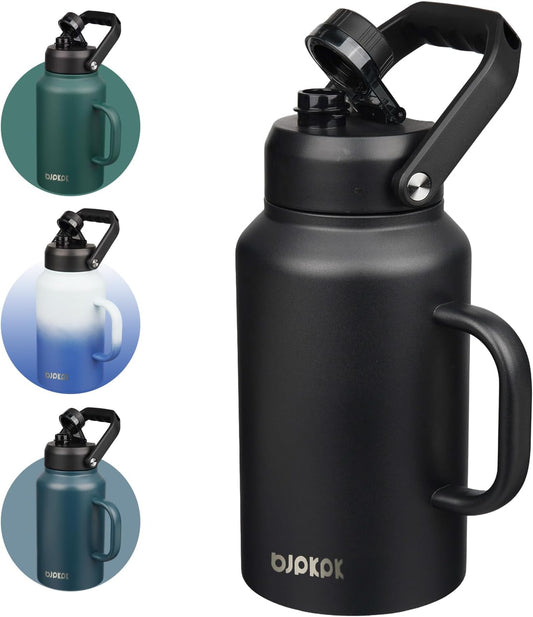 BJPKPK 87oz Insulated Water Bottle with Handle, Large Dishwasher Safe 2/3 Gallon Water Bottle, BPA Free Water Jug, Wide Mouth Metal Water Bottle with Anti-slip Bottom, Keep Cold & Hot,Black