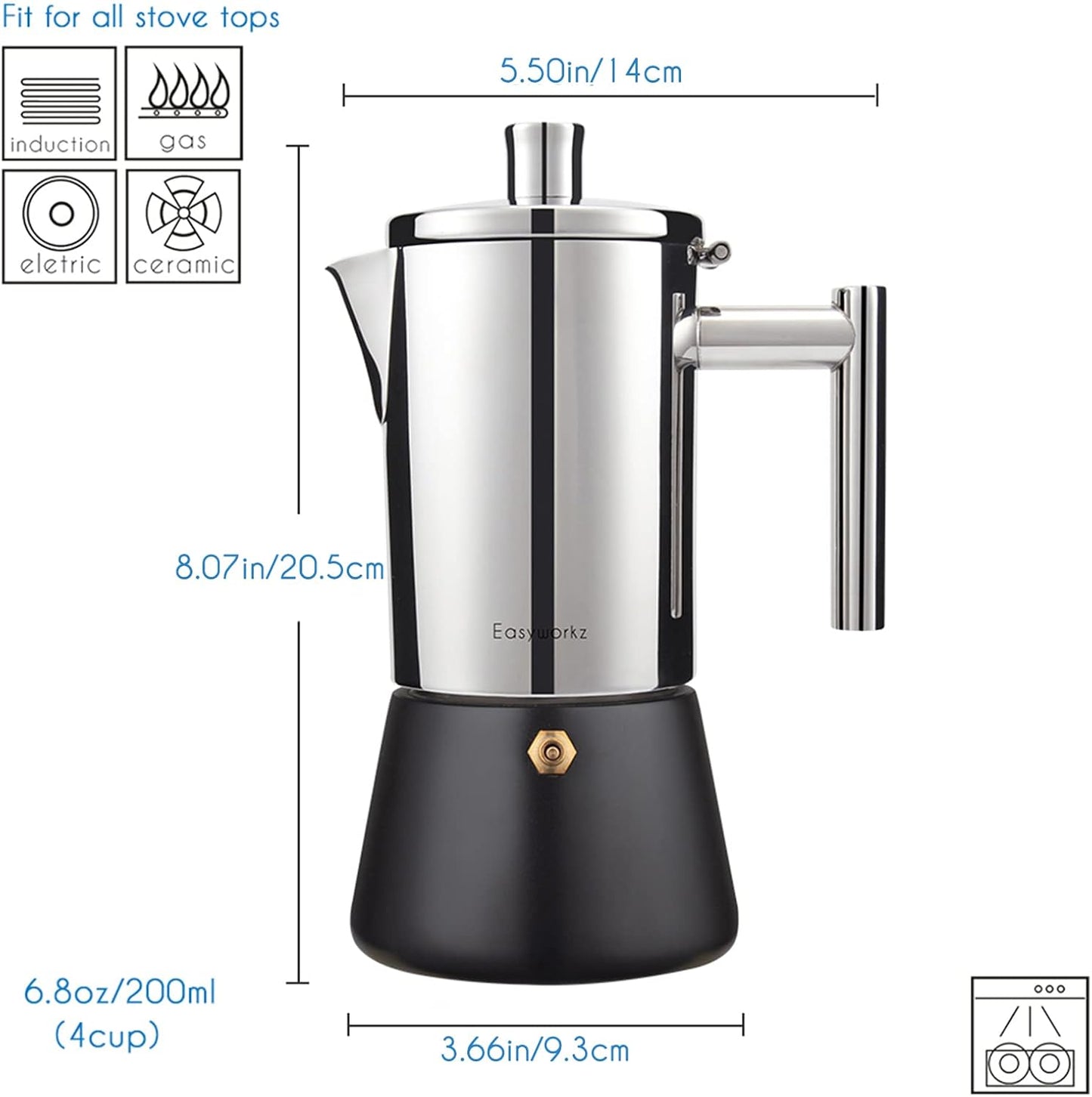 Easyworkz Diego Stovetop Espresso Maker Stainless Steel Italian Coffee Machine Maker 4Cup 6.8 oz Induction Moka Pot