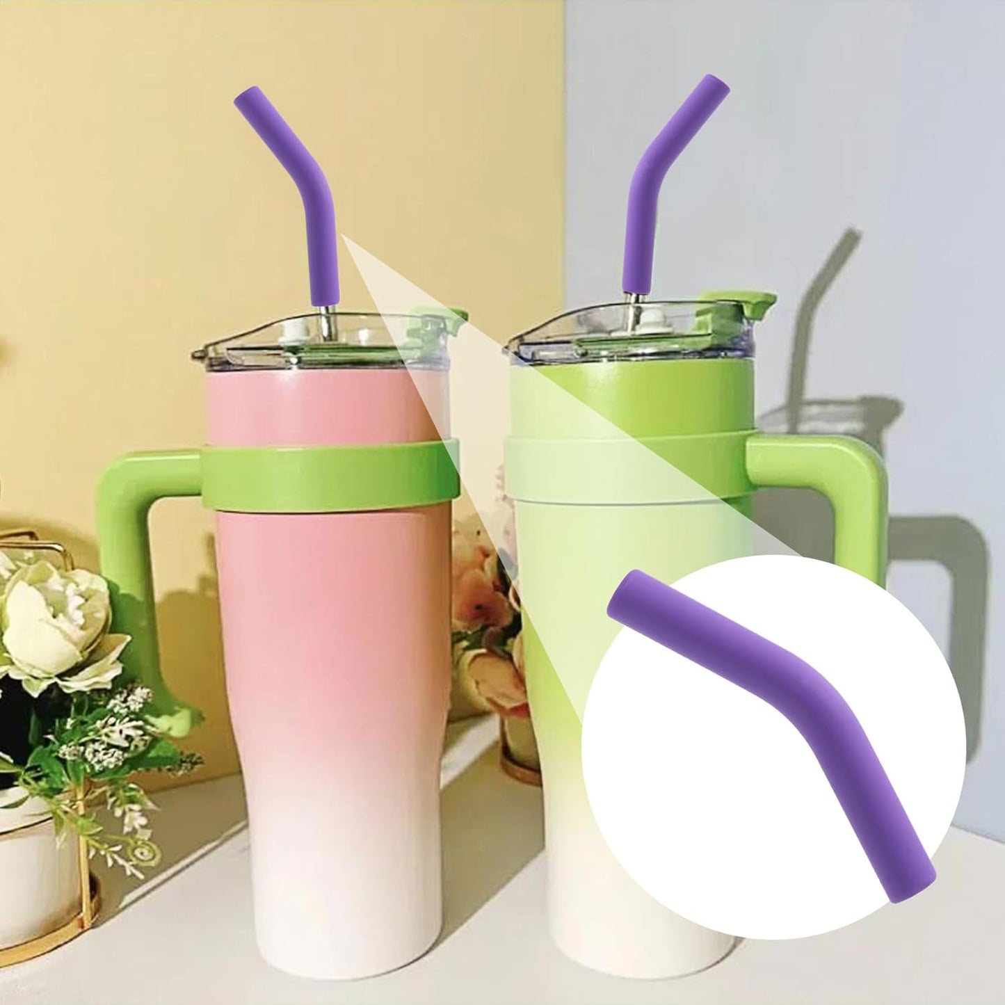 6pcs Food-Grade Silicone Metal Straw Tips, Reusable Flex Elbow Straws Cover Replacement Tips, Soft Straw Toppers Kits for 8 mm Stainless Steel Metal Straws - Dark Purple