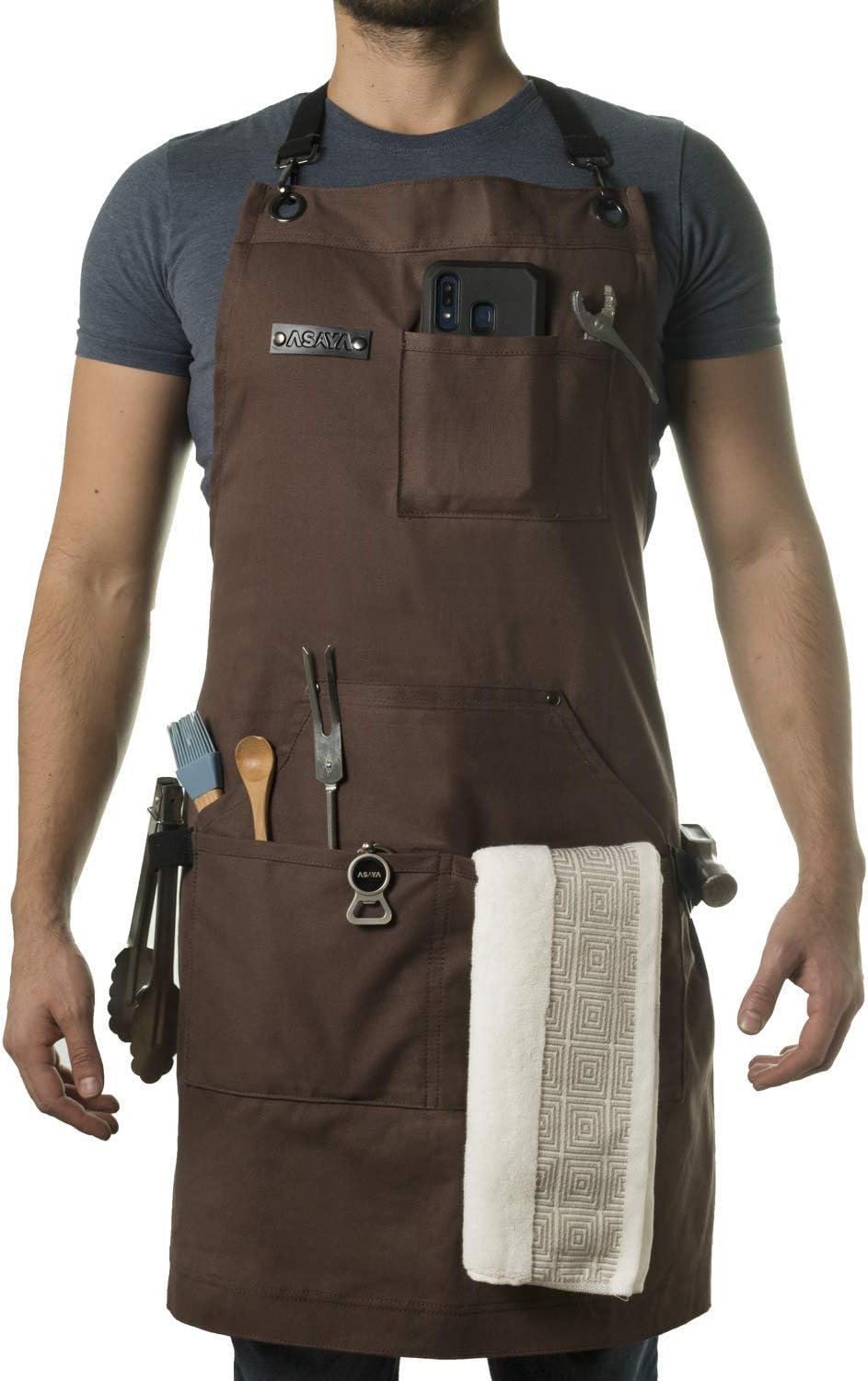 Asaya Chef and BBQ Apron with Bottle Opener and Hand Towel - 10oz Cotton Canvas, Stainless Steel Hardware - Cross Back Straps