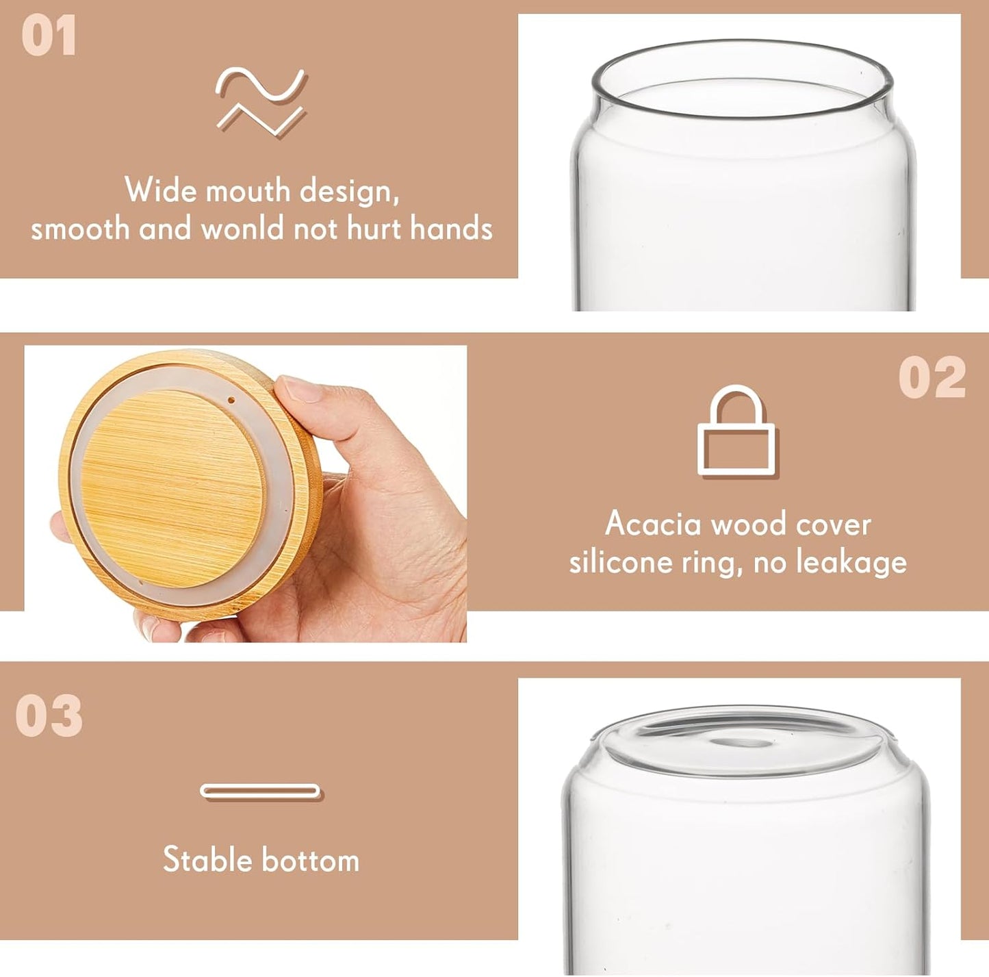 Irenare 16 Pcs 17 oz/ 500 ml Glass Canister Food Airtight Sealed Clear Borosilicate Glass Storage Jars with Lids Kitchen Spice Containers for Serving Coffee Sugar Tea Beans Candy Nuts Pantry (Bamboo)