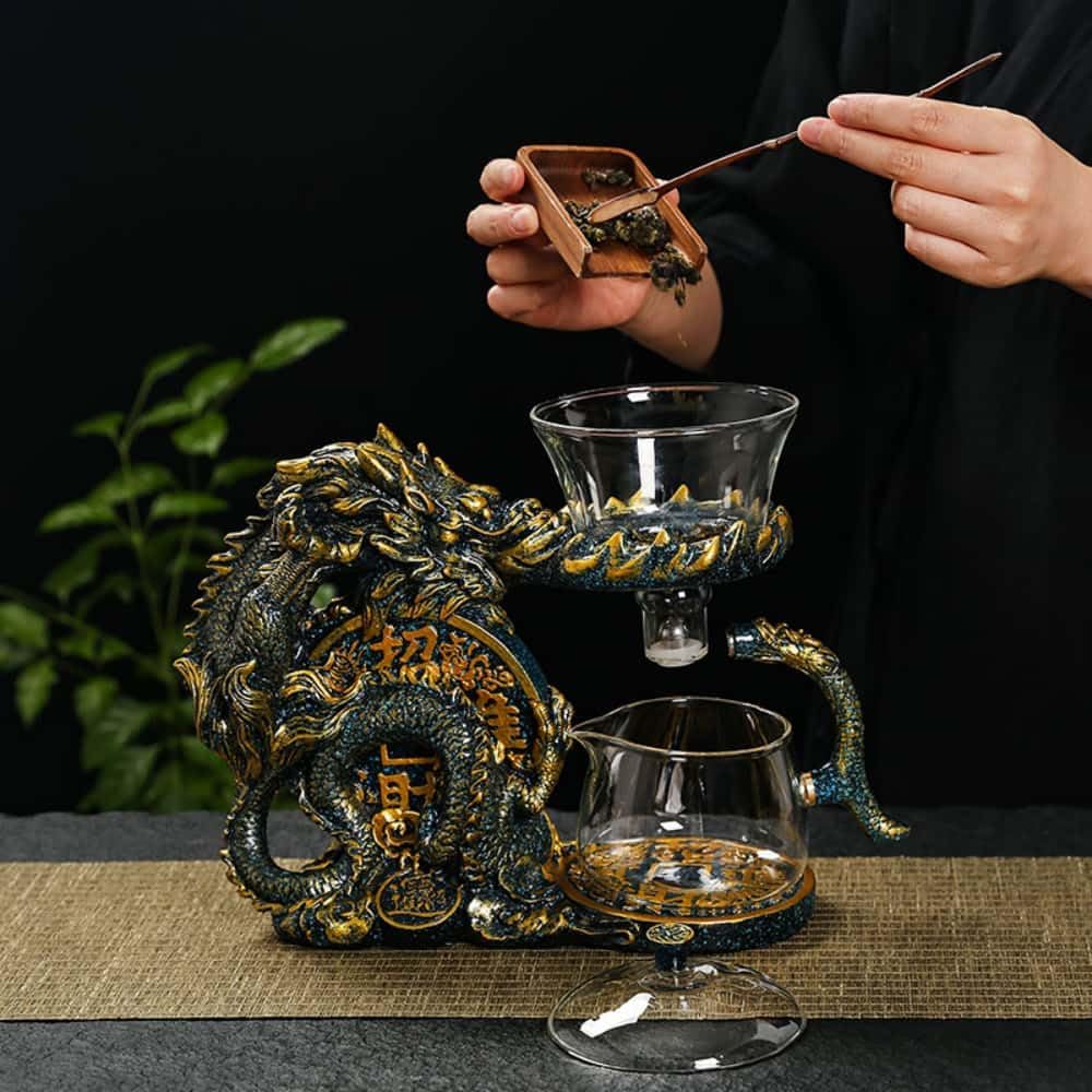 Glass Teapot Set with Infuser Semi Automatic Dragon Tea Set with 6 Small Cups (blue golden dragon-b)