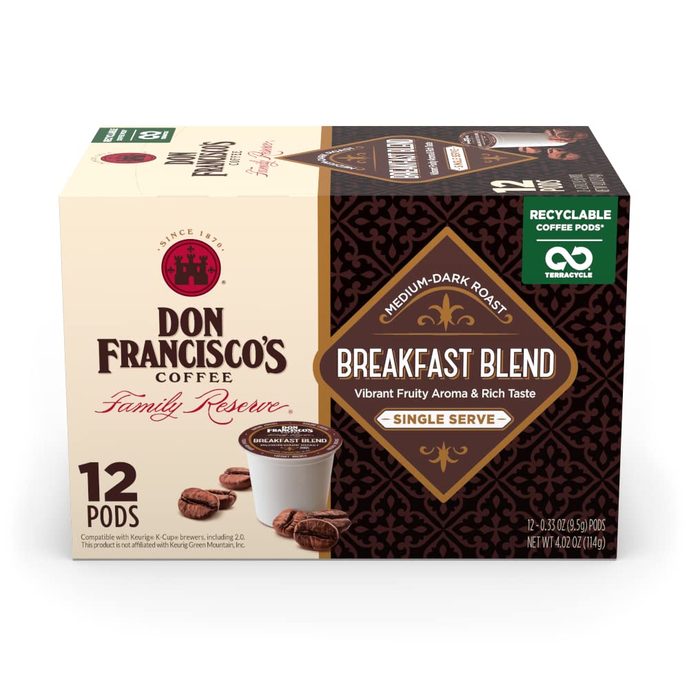 Don Francisco's Breakfast Blend Coffee - 12 K-Cup Compatible Single-Serve Pods - 100% Arabica - Fruity Aroma, Rich Flavor - Recyclable through TerraCycle - Compatible with Keurig Brewers