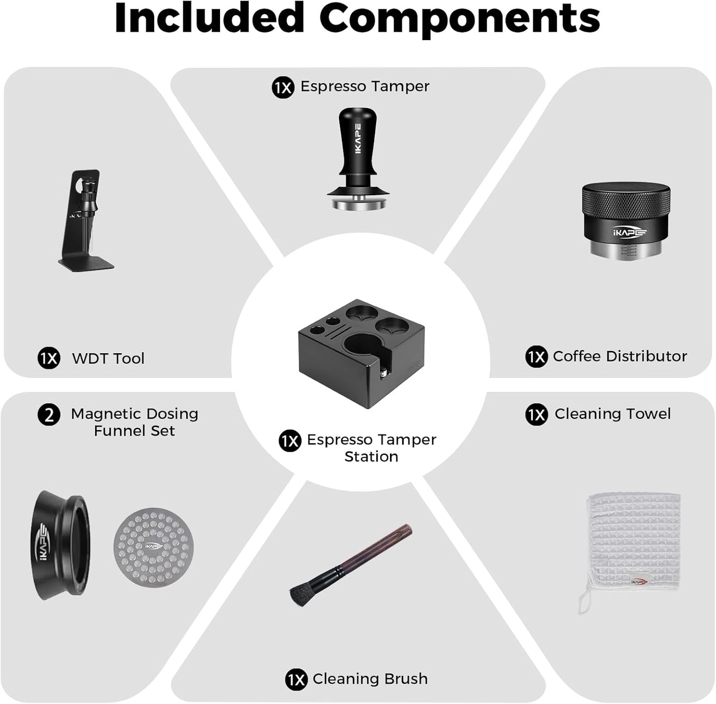 IKAPE 51MM Black Espresso Tool Set 8 IN 1, Coffee Tamper, Distributor, Magnetic Funnel, Puck Screen, Tamper Station, Stirrer Distribution Tool, Cleaning Towel and Brush