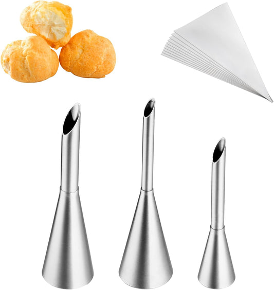 3Pcs Cream Icing Piping Nozzle Tips,Stainless Steel Long Puff Nozzle Tip With 10Pcs Disposable Piping Bags,Puff Pastry Filling Cake Decorating Tools