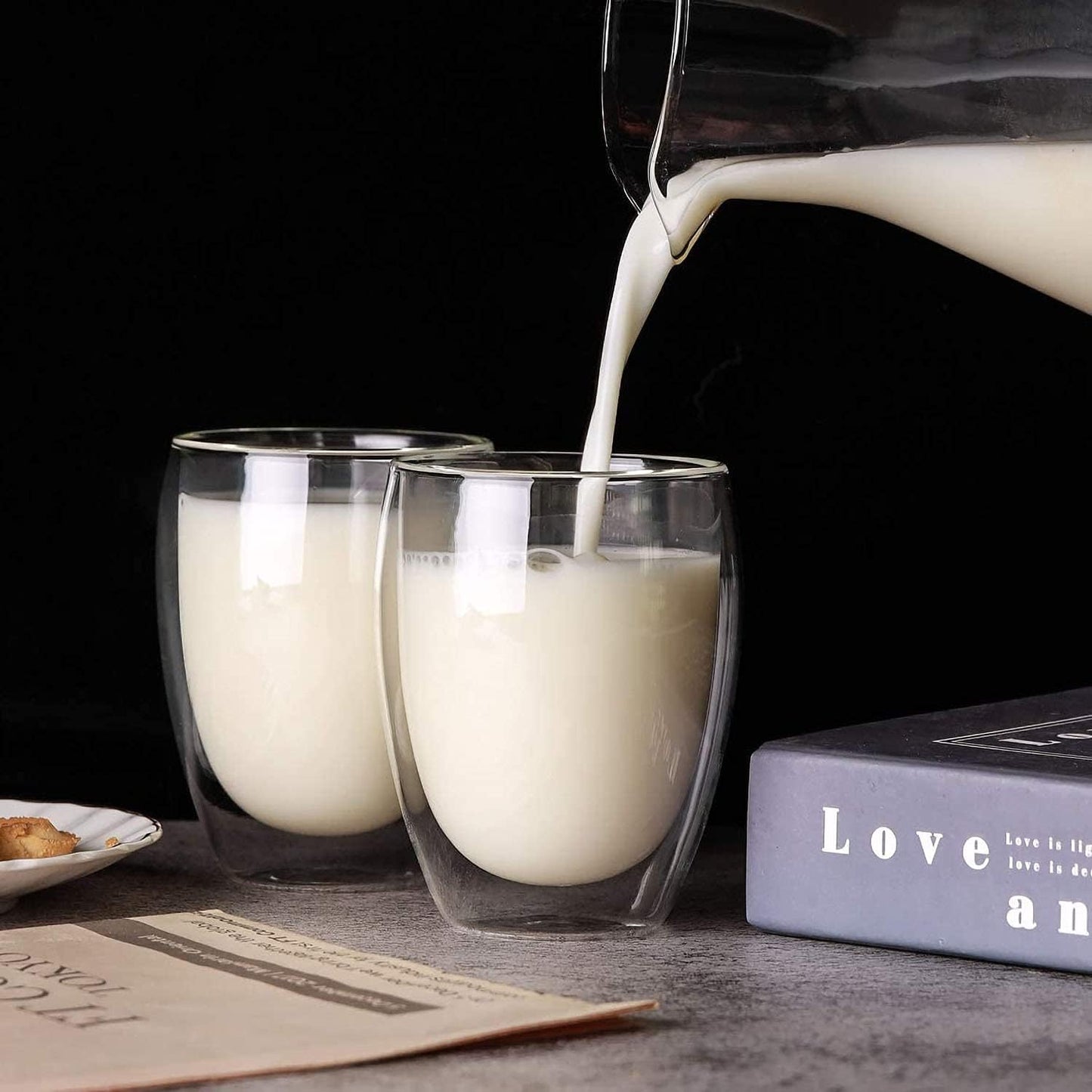 Glass Coffee Mugs Set of 2, Double Walled Clear Coffee Cups 12oz, Clear Latte Espresso Mugs for Milk Juice, Clear Glass Cappuccino Cup Glassware Gift for Christmas Birthday