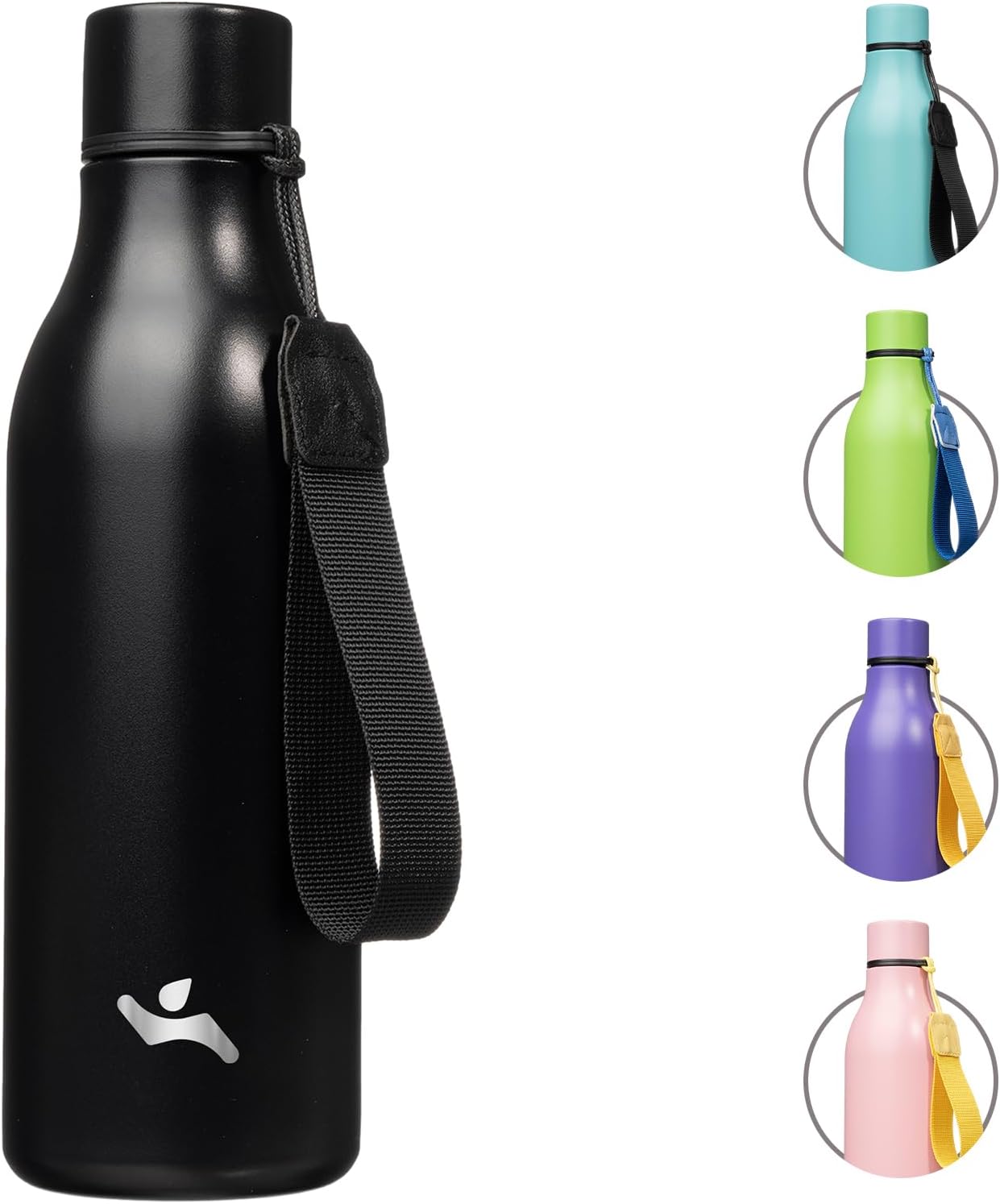 Insulated Water Bottle with Strap,18 oz Double Wall Stainless Steel Vacuum Bottles Metal Water Flask,Black