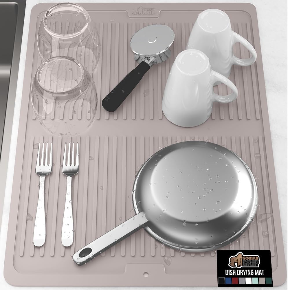 GORILLA GRIP 100% BPA-Free Patented Silicone Dish Drying Mat for Kitchen Counter, 18x24 Inch, Water Catching Ribbed Design, Easy Clean Waterproof Sink Liner, Heat Resistant, Fits Under Rack, Almond
