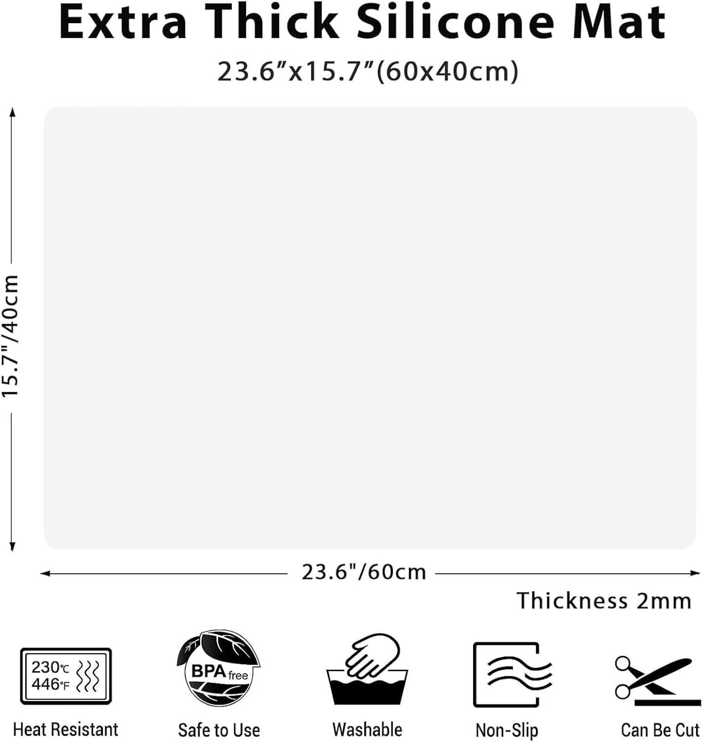 2MM Thick Silicone Countertop Mat, 23.6"x 15.7"(60cmx40cm), Silicone Mats for Kitchen Counter, Nonslip Heat Resistant Mat, Large Kitchen Counter Mats, Waterproof Countertop Protector, Semitransparent