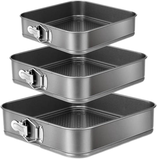 Springform Cake Pan Set of 3 (9.5, 10, 11 Inch) Square Baking Pans Nonstick Cheesecake Pans with Removable Bottom Bakeware for Cake, Cheesecakes, Pizza, and Quiches