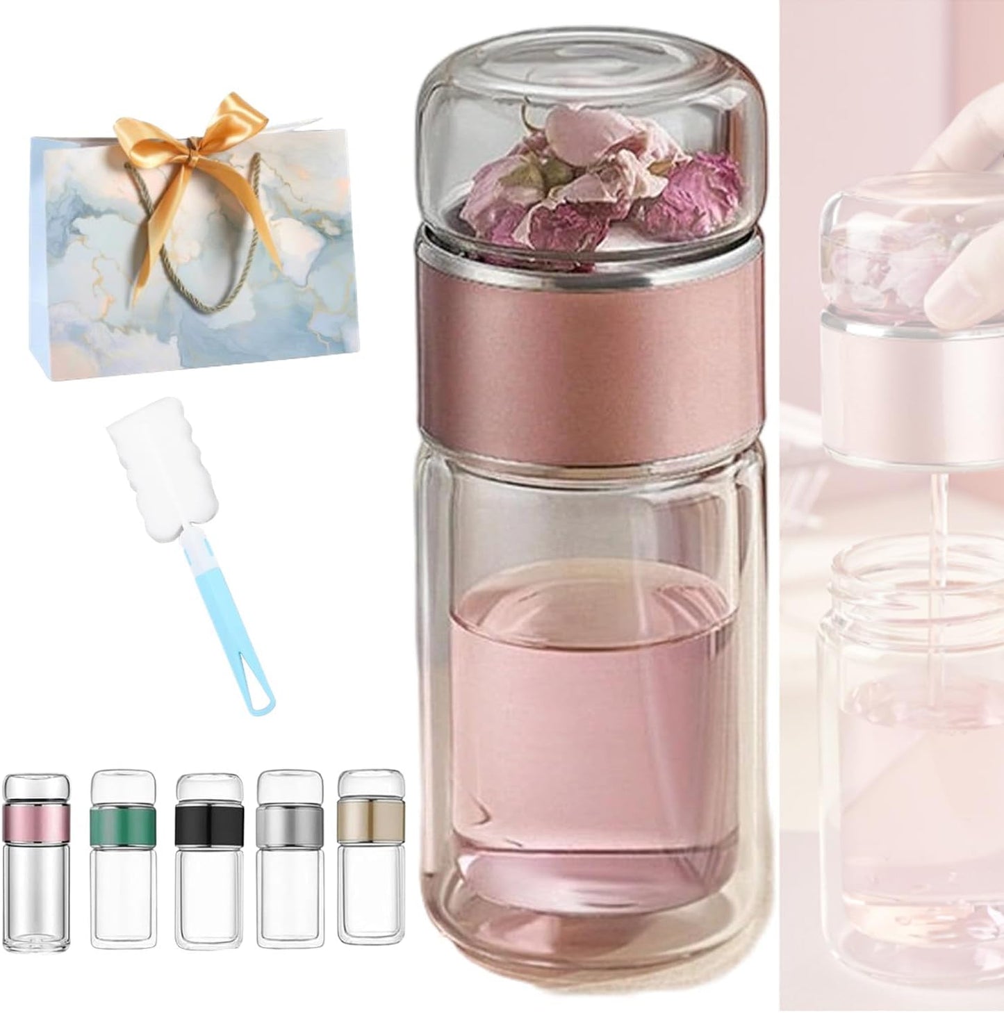 Tryteava Glass Infuser, Tryteava 3-in-1 Smart Tea Infuser, Portable Glass Double Wall Tea Infusers Bottle, with Stainless Steel Filter, Hot & Cold Brew, For Loose Leaf, Office Home (Pink, 280ml)