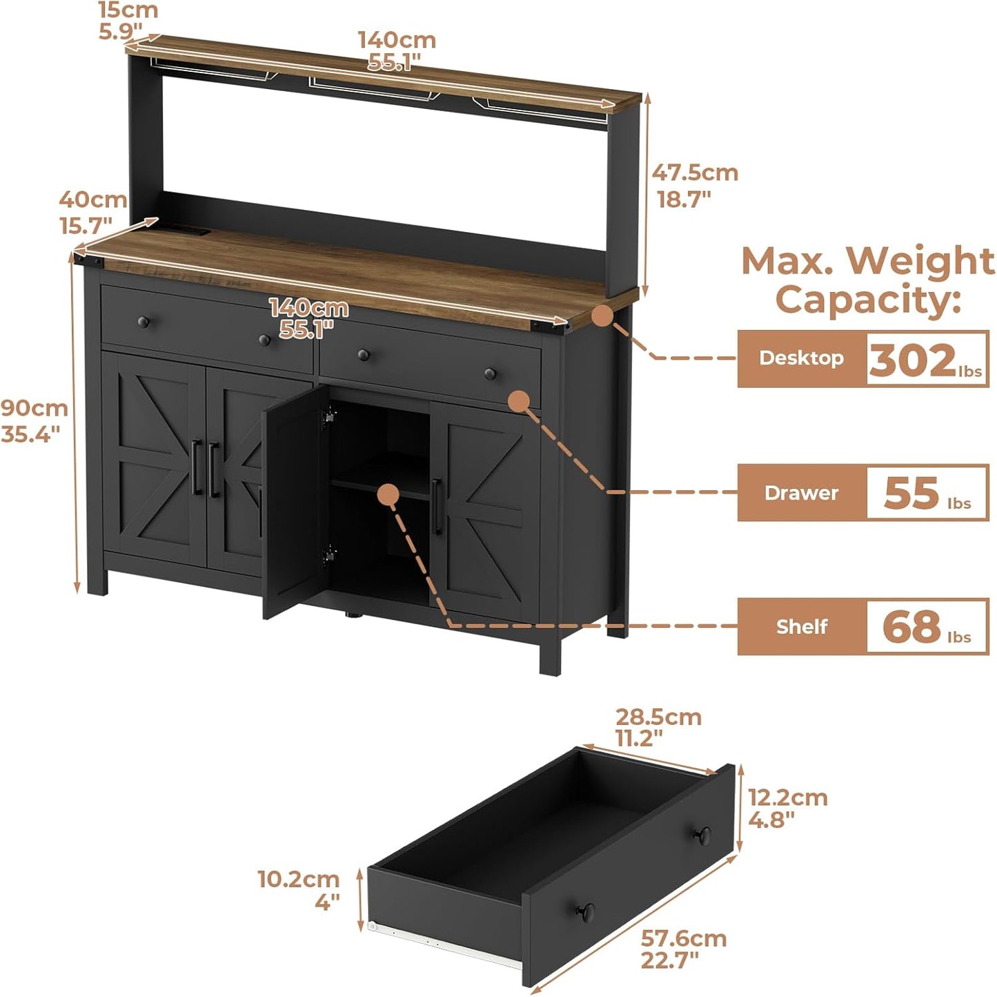 Hutch Storage Cabinet Buffet with Drawers, and Charging Station, Coffee Bar Cabinet with Barn Doors, Wine Rack and Hooks, Countertop, Long Farmhouse, Black, for Kitchen, Dining Room, 54.1" High