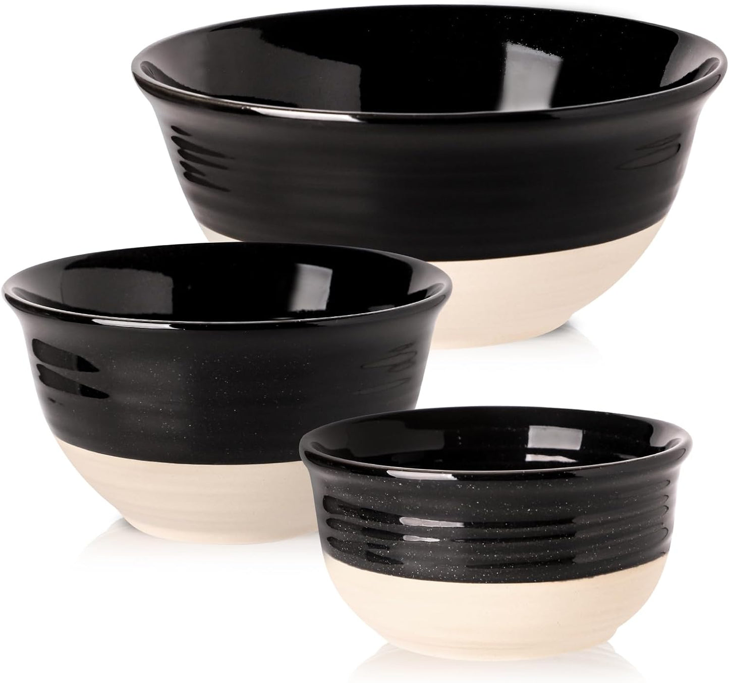 Hasense Porcelain Mixing Bowls for Kitchen, 84/40/20 Oz Large Salad Serving Bowls Set of 3, Unique Thanksgiving Bowls Set for Entertaining Cooking Baking Serving Food, Nesting Bowls, Black