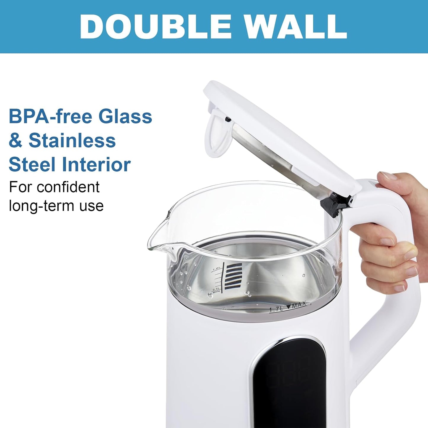 Electric Kettle, 1500W Fast Boiling Glass Water Kettle with Temperature Control, 1.7L Cordless Stainless Steel Base, Keep Warm & Auto Shut-Off, BPA-Free, White