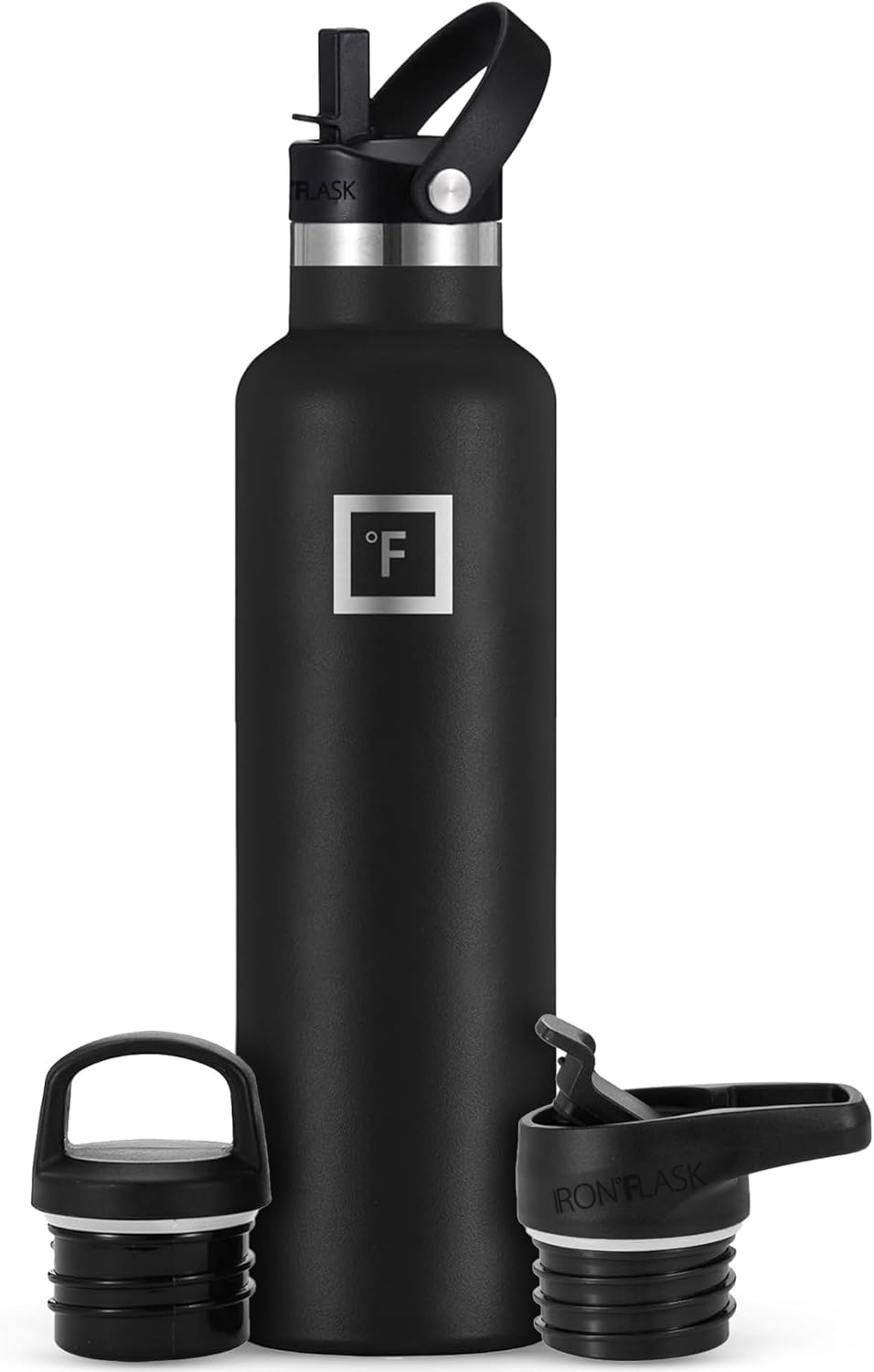 IRON °FLASK Camping & Hiking Hydration Canteens - 3 Lids (Narrow Straw Lid) Leak Proof Vacuum Insulated Stainless Steel - Hot & Cold Double Walled Sports Water Bottle - Midnight Black, 24 Oz