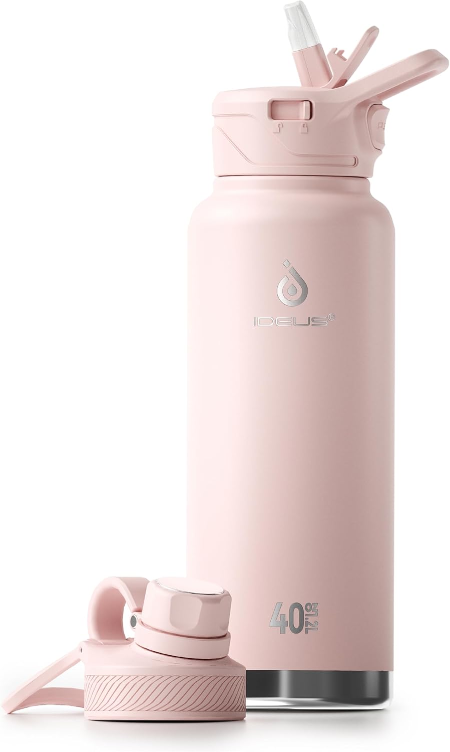 IDEUS Insulated Stainless Steel Water Bottle with 2 Leak-Proof Lids, Thermal Water Flask for Hiking Biking, 40oz, Light Pink