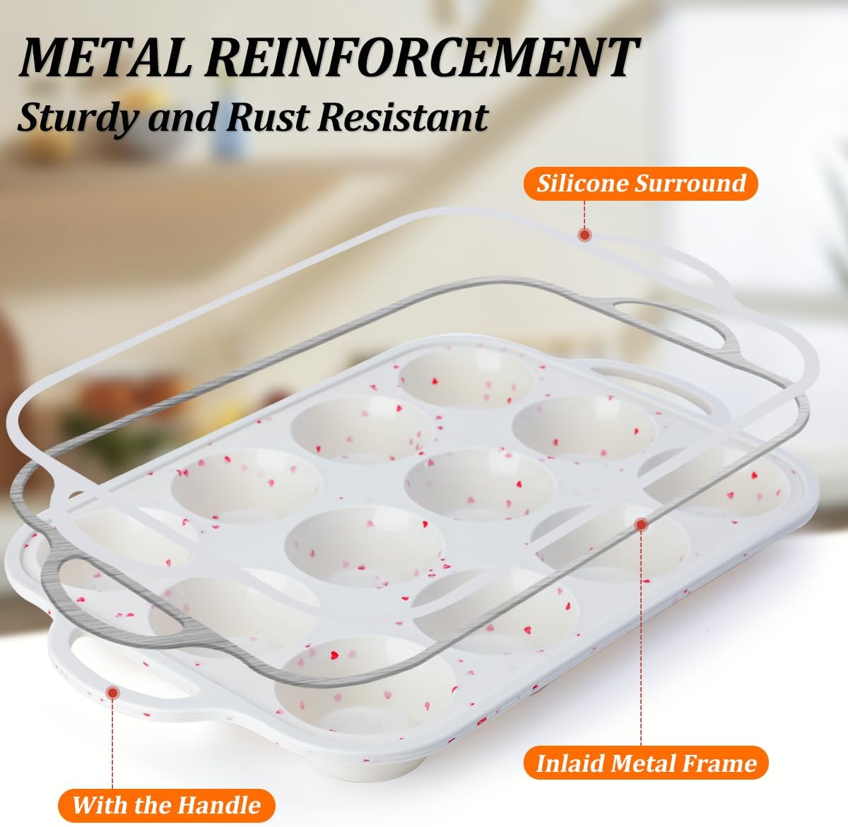 CAKETIME Regular Size Muffin Pan with Metal Reinforced Frame, Silicone Cupcake Pan Easy to Handle Nonstick 12 Cups Silicone Muffin Pans for Baking BPA Free 2 Pack