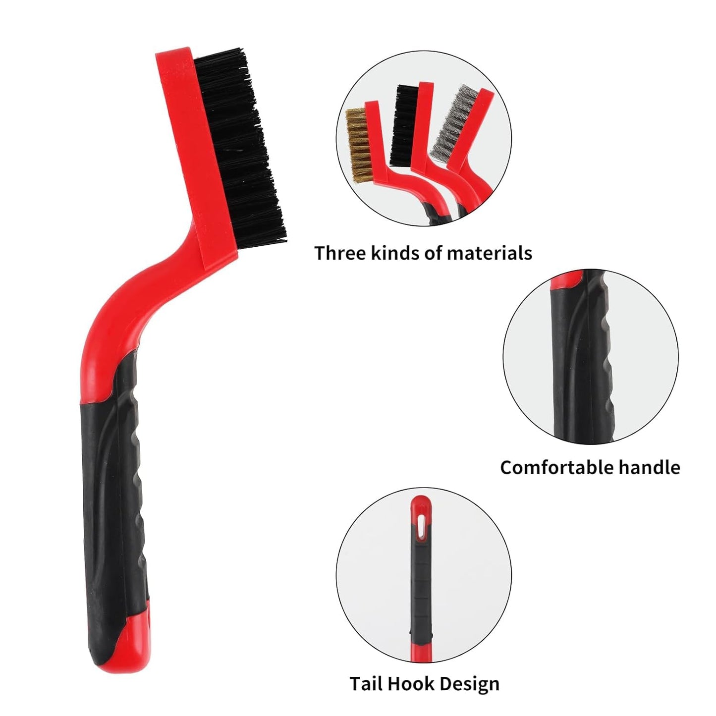 A A IN Wire Brush Set,6 Pcs Brass/Stainless Steel/Nylon Wire Brushes for Cleaning with Curved Handle Grip for Rust Removal, Dirt, Paint Scrubbing,7 Inches (Red)