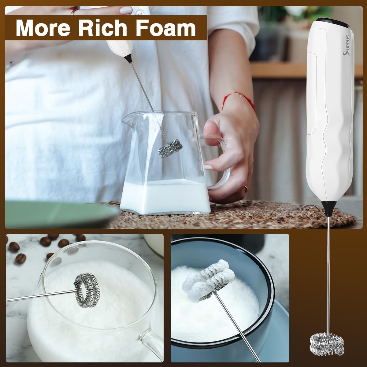 SUPRUS Ultra Fast Handheld Milk Frother Double Whisk with Stand 2 Batteries Stainless Steel for Lattes Cappuccino Matcha Hot Chocolate Coffee Bar Accessories Kitchen Gadgets Gift