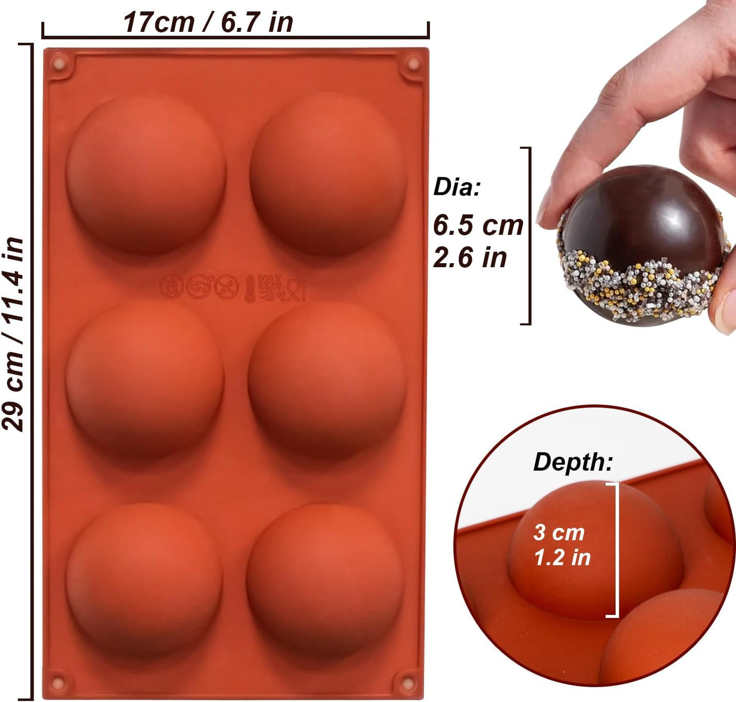 3 Pack Large 6-Cavity Semi Sphere Silicone Molds, Non-Stick Baking Mold for Making Standard Size Hot Chocolate Bomb, Cake, Jelly, Dome Mousse