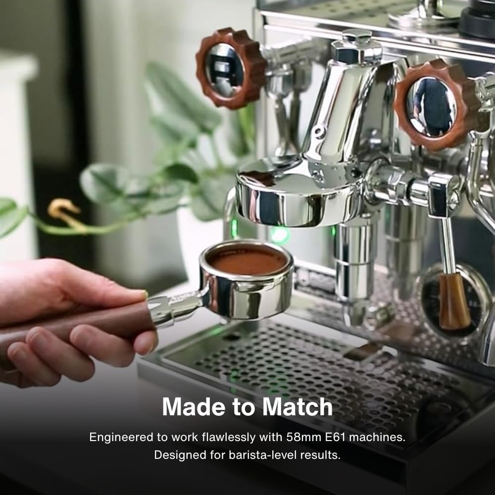 Crema Coffee Products 58mm Bottomless Naked Portafilter | Compatible with 58mm for E61 | Includes Double Shot Filter Basket | Walnut