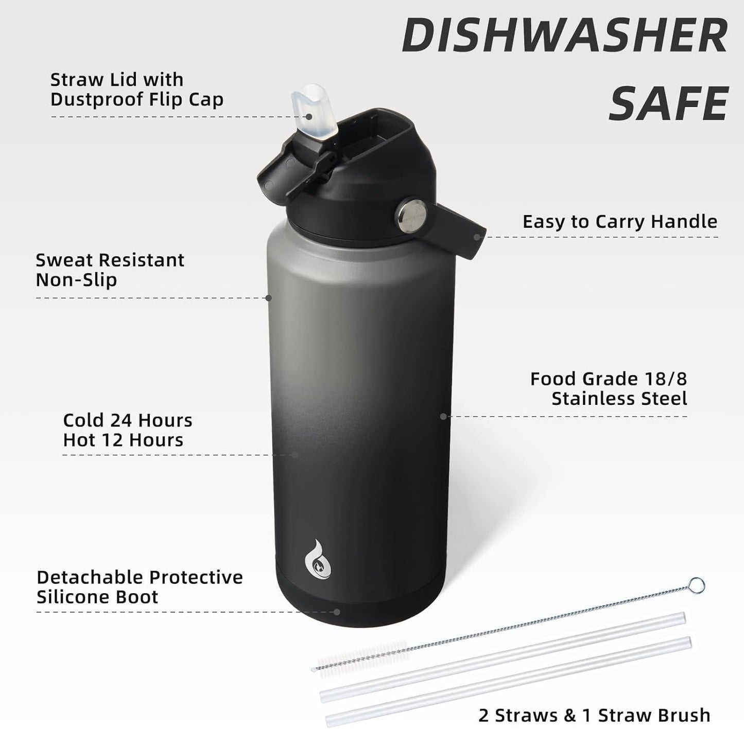 BJPKPK Water Bottle with Straw Lid, 32oz Vacuum Insulated Water Bottles, Metal Stainless Steel Thermos for Sports, Travel, BPA Free Leak Proof Thermos, Cups, Flasks, Tumblers,Black Grey