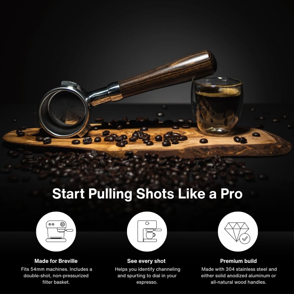 Crema Coffee Products 54mm Bottomless Naked Portafilter | Compatible with 54mm Breville Machines | Includes Double Shot Filter Basket | White