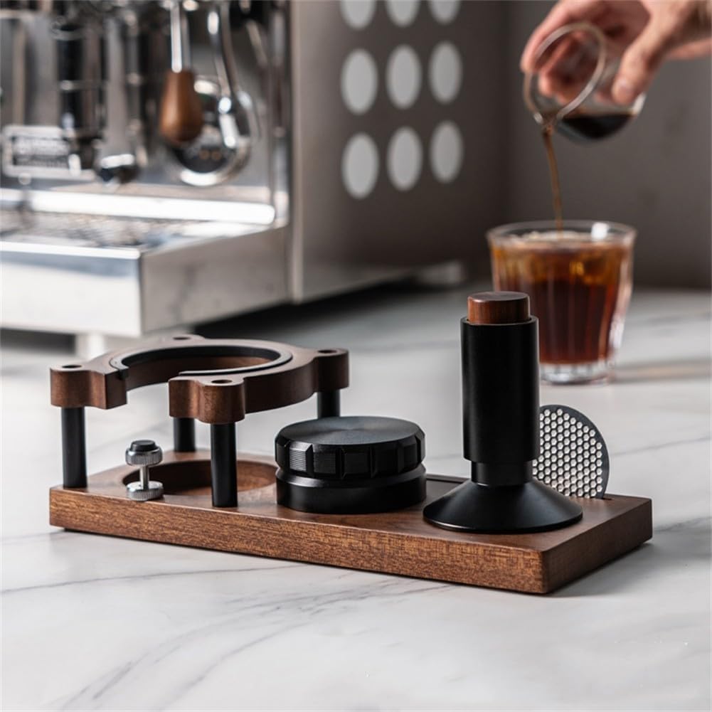 Adjustable Wooden Espresso Tamping Station, Coffee Tamper Base Portafilter Holder Compact Tamping Station Sapele Wood Coffee Portafilters Stand Base (B)