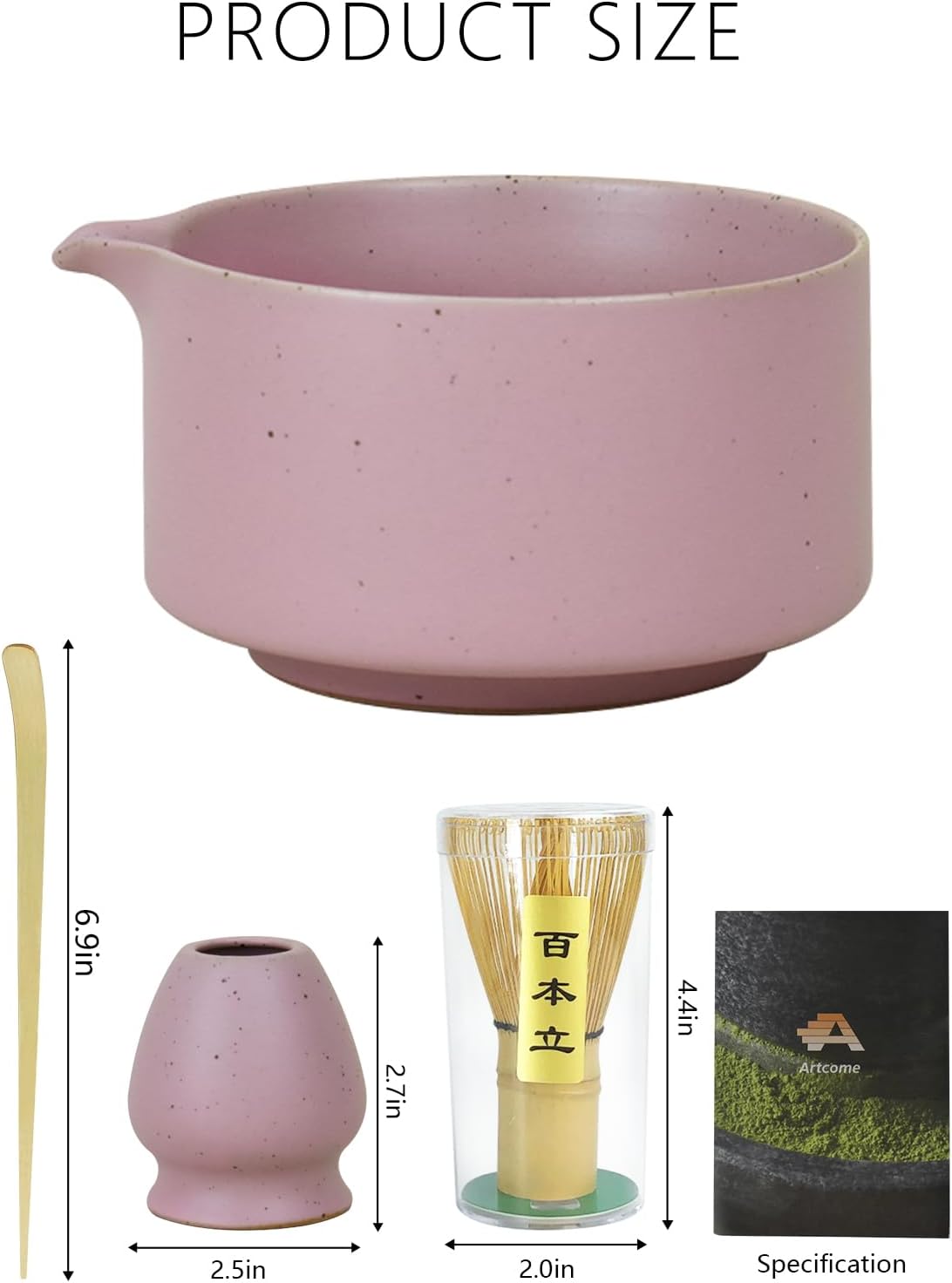 Artcome Matte Pink Matcha Bowl Set with Spout – Handmade Ceramic Chawan, Bamboo Whisk, Whisk Holder, Tea Scoop, and Matcha Manual – Japanese Tea Ceremony Set for Matcha Lovers